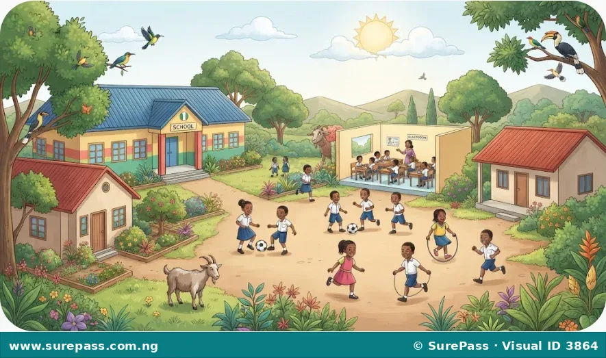 An illustration showing a school, a house, a classroom, children, trees, birds, and a goat, representing the environment.