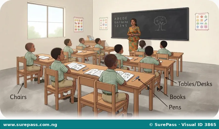 An illustration of a Primary 1 classroom with children, showing chairs, desks, books, and pens.