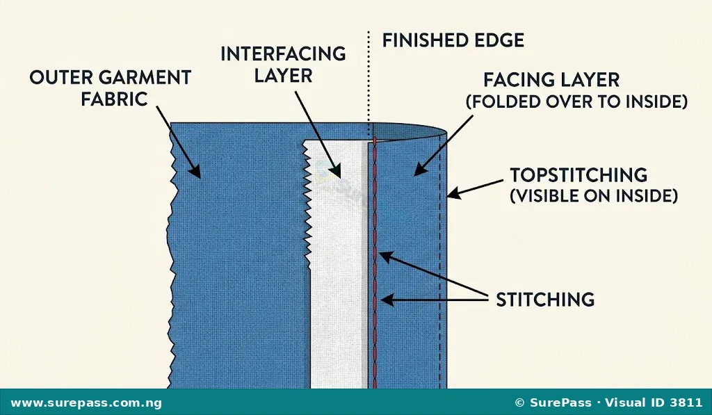 Cross-section diagram showing the layers of a garment edge: garment fabric, interfacing, and facing.