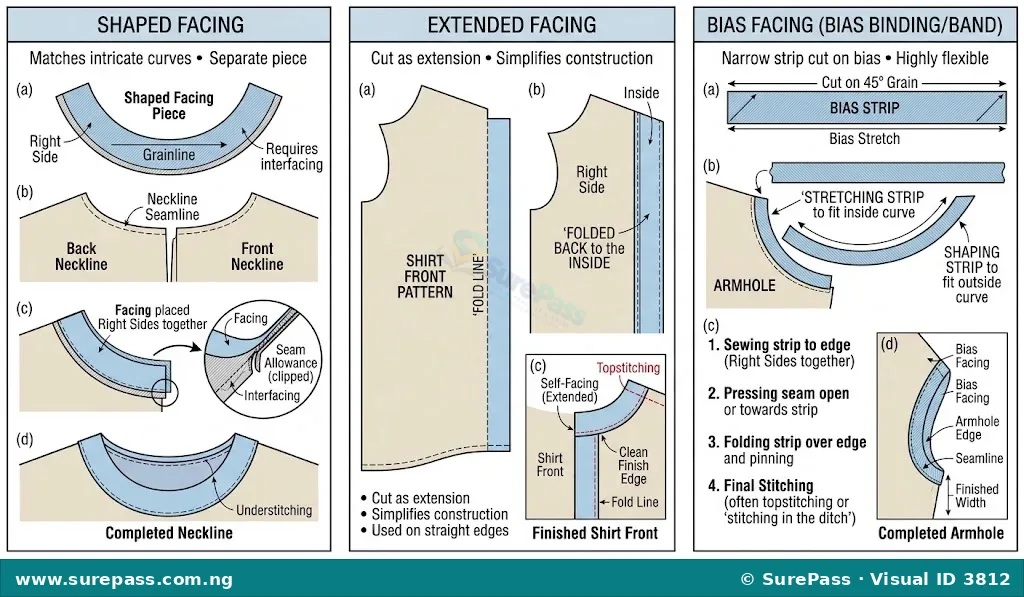 Diagram showing shaped facing, extended facing, and bias facing on garment pieces.