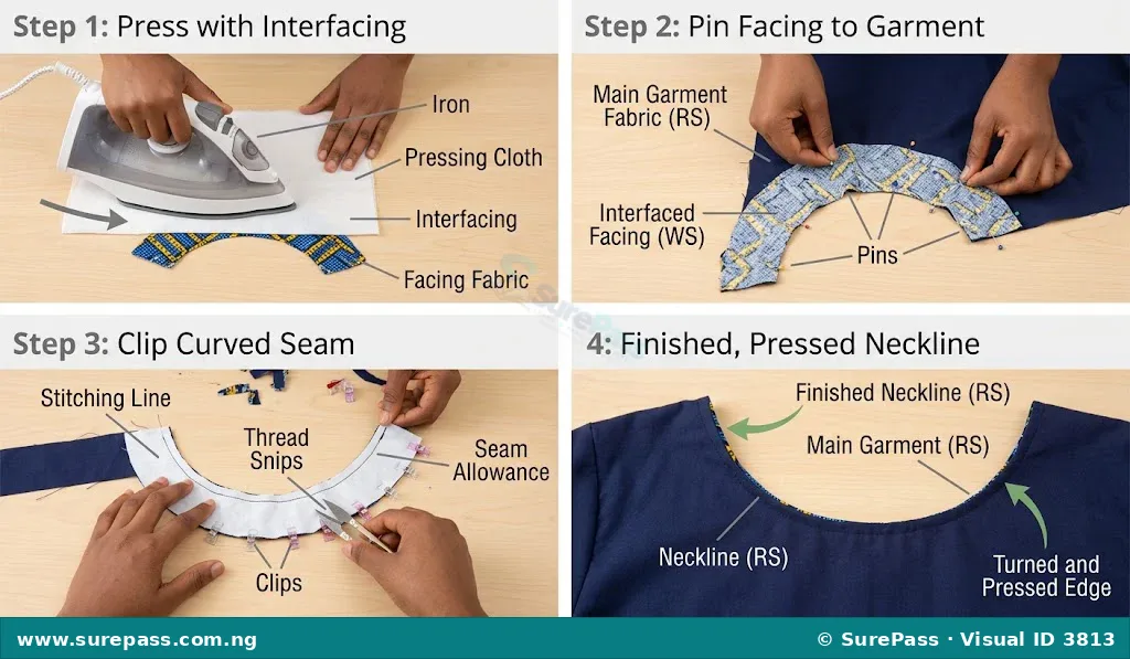 Step-by-step process of applying interfacing and sewing a shaped facing to a neckline.