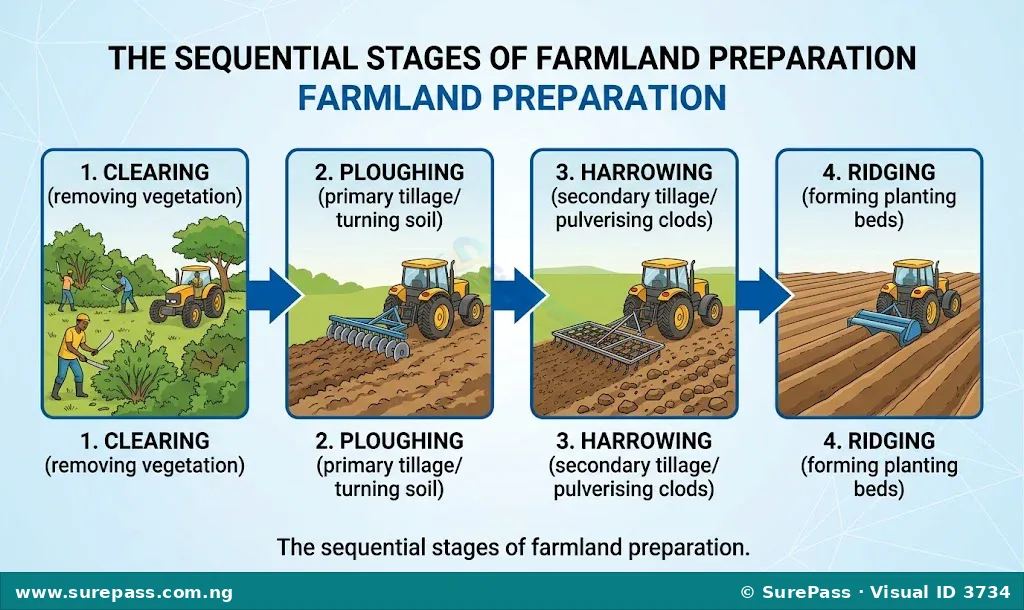 Flowchart showing the sequence of farmland preparation from clearing to ridging.
