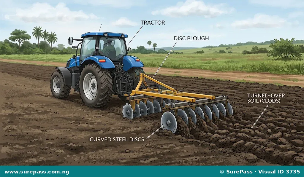 A tractor pulling a disc plough to turn over soil.