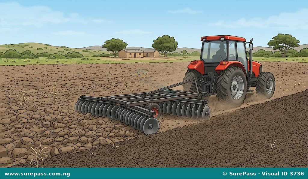 A tractor pulling a disc harrow to pulverise soil clods.