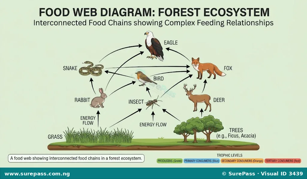 A food web illustrating complex feeding relationships. Grass and trees are producers. Rabbits, deer, and insects are primary consumers. Birds, snakes, and foxes are secondary consumers. Eagles are tertiary consumers, eating snakes, birds, and rabbits.