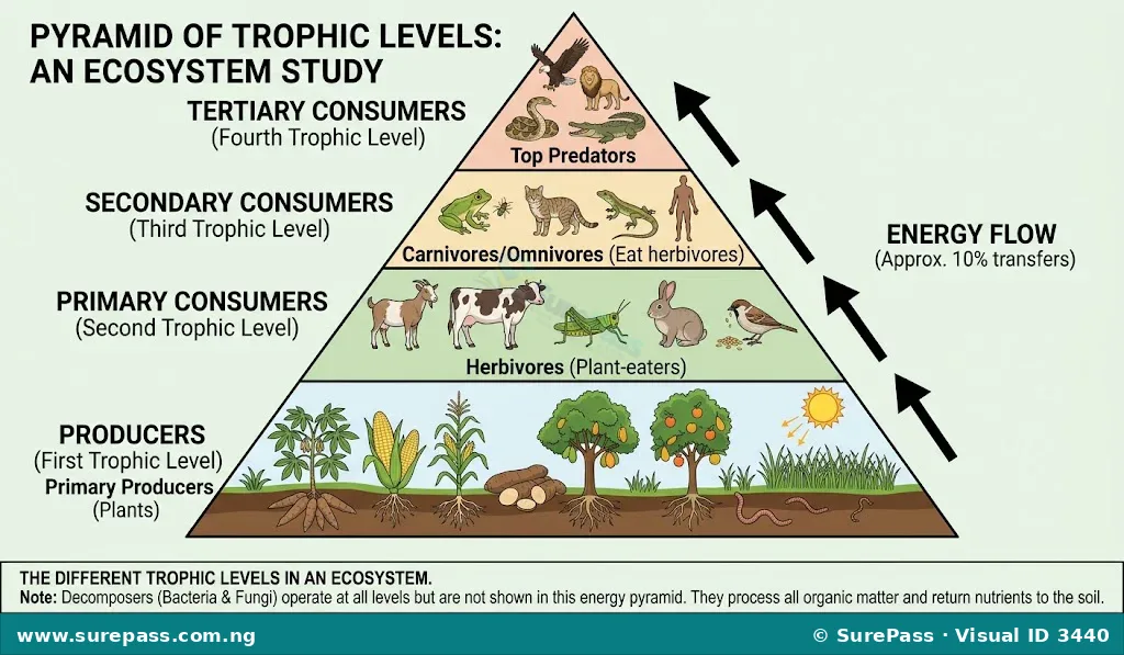 Diagram of trophic levels in a pyramid shape. Producers are at the bottom, followed by primary, secondary, and tertiary consumers upwards.