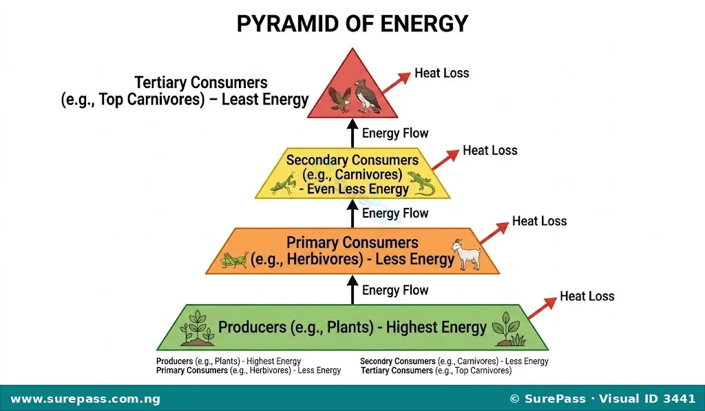 An upright pyramid of energy, showing decreasing energy from producers at the base to tertiary consumers at the top.