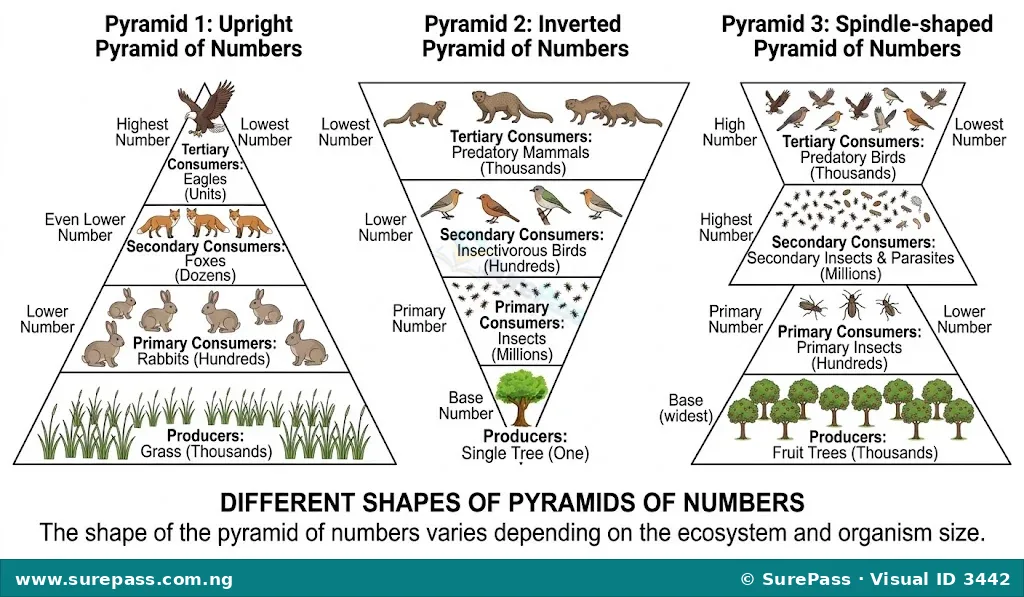 Three diagrams showing pyramids of numbers: an upright pyramid (grass-rabbit-fox), an inverted pyramid (tree-insects), and a spindle-shaped pyramid (tree-insects-birds).