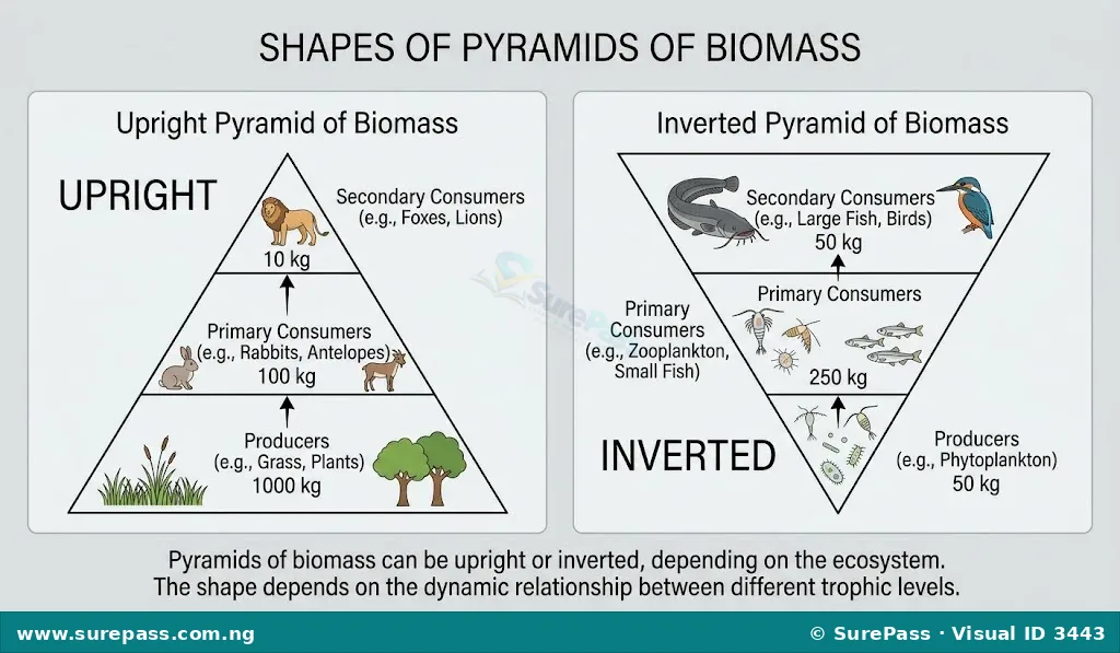 Two diagrams showing pyramids of biomass: an upright pyramid (plants-herbivores-carnivores) and an inverted pyramid (phytoplankton-zooplankton).