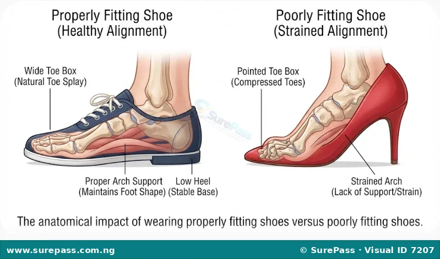 Comparison between a well-fitting supportive shoe and a tight, unsupportive shoe showing their effects on foot structure.