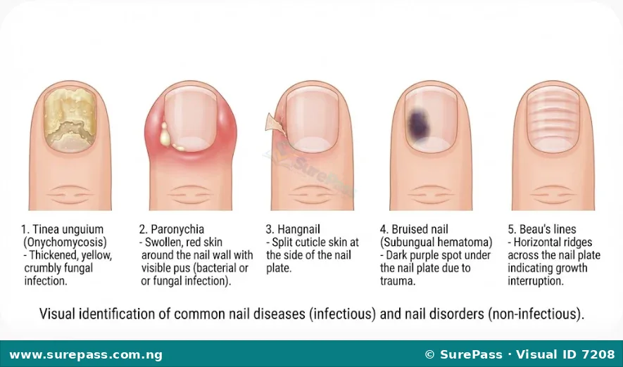 Cosmetology chart illustrating common nail diseases and disorders with clear labels.