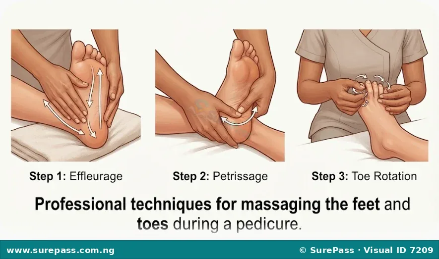 Step-by-step visual guide of foot massage techniques including effleurage, petrissage, and toe rotation.