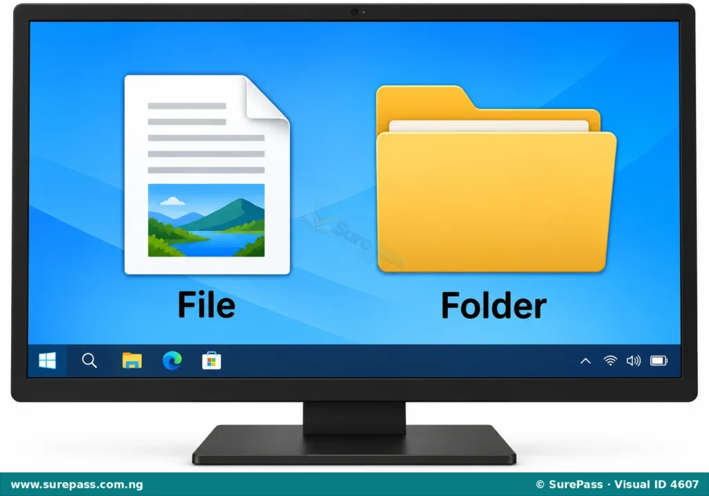 An icon representing a digital file and an icon representing a digital folder on a computer screen.