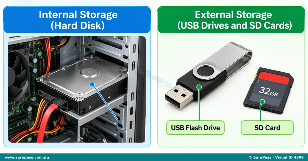 Diagram showing internal storage (hard disk) and external storage (USB drive, SD card).
