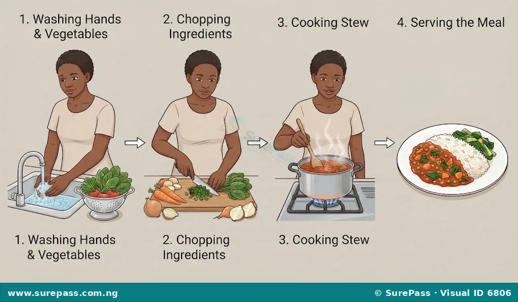 Four-panel illustration showing the process of meal preparation: washing ingredients, chopping, cooking on a stove, and serving a finished meal.