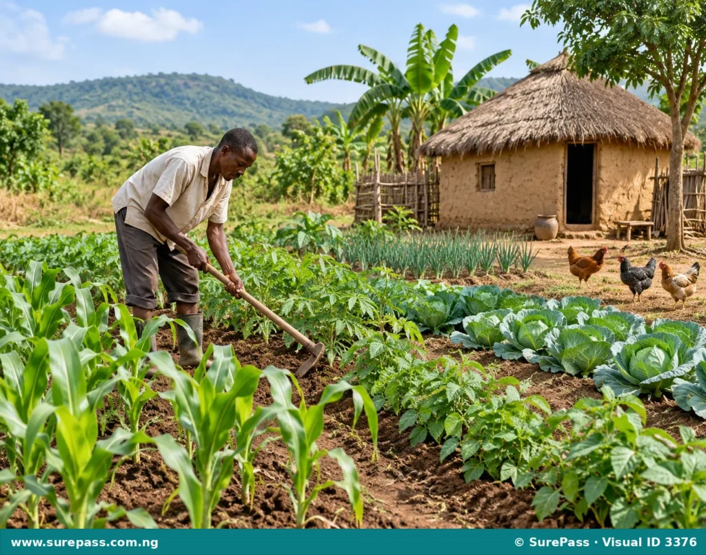A small family farm in rural Nigeria, showing a farmer with a hoe, crops, chickens, and a hut, illustrating subsistence farming.