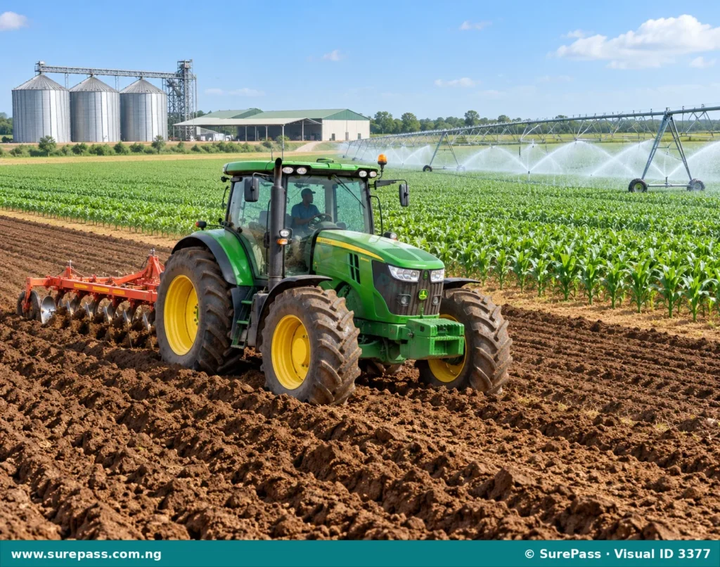 A large commercial farm with a tractor ploughing a vast field and irrigation systems, illustrating modern, profit-oriented agriculture.