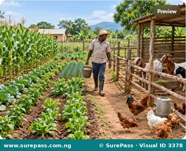 A mixed farm showing a field of crops and an enclosure with goats and chickens, illustrating the combination of crop and livestock farming.