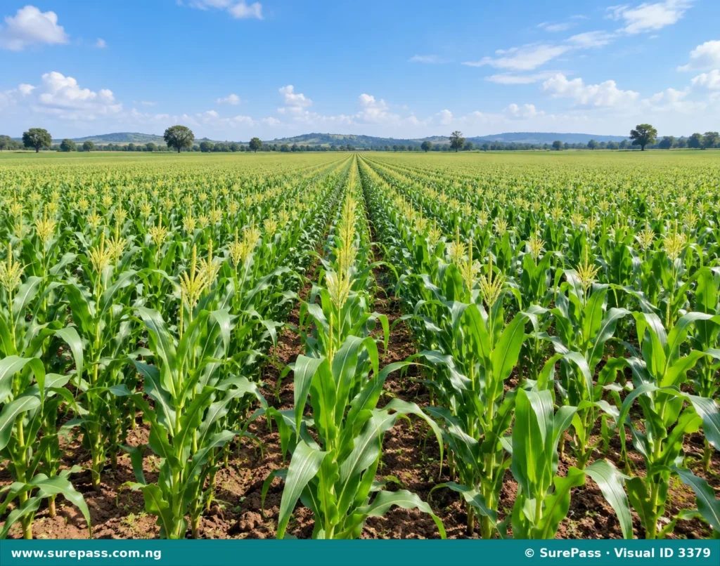 A large, open field covered with a single type of crop like maize, illustrating arable farming focused solely on crop cultivation.