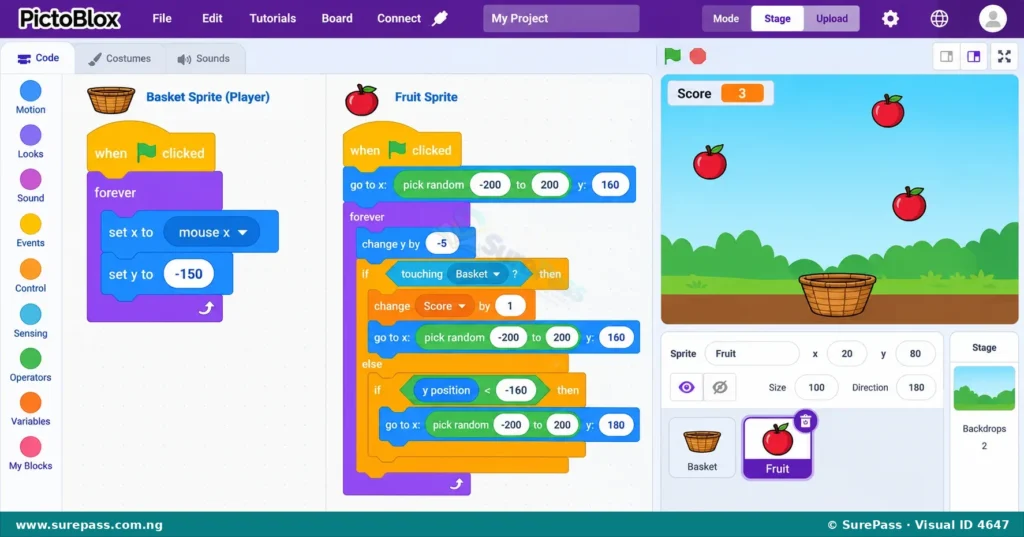 PictoBlox code blocks for a fruit-catching game, showing scripts for basket movement and fruit falling with score updates.
