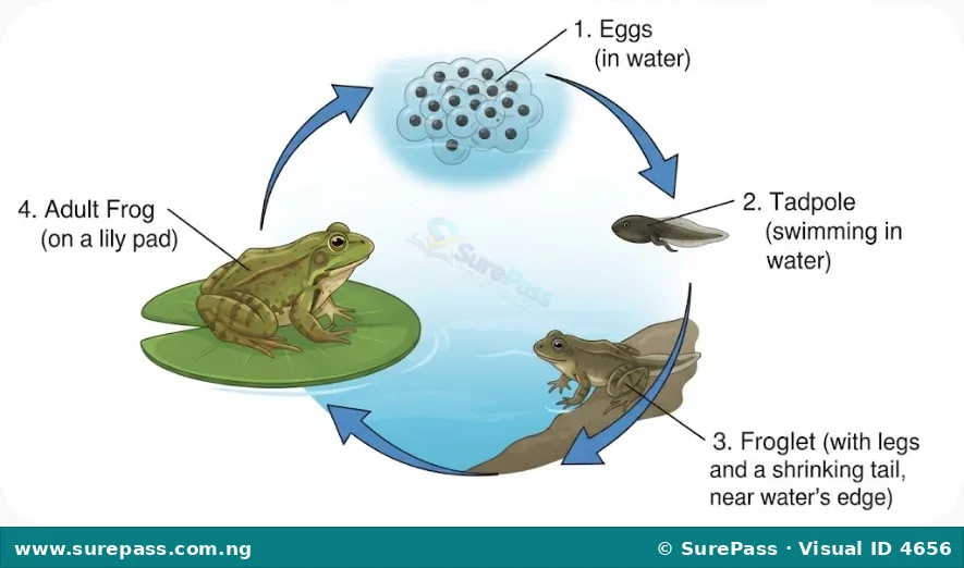 Diagram showing the life cycle of a frog with stages: eggs, tadpole, froglet, and adult frog.