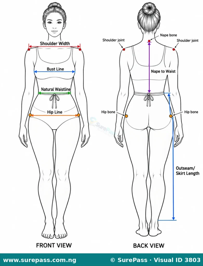 A vector diagram showing the front and back views of a human body with labeled measurement lines and landmarks.