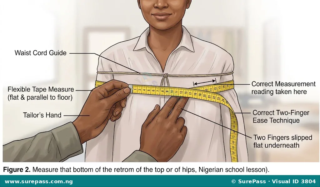 A close-up showing a tape measure placed flat around a waist with two fingers underneath for ease.