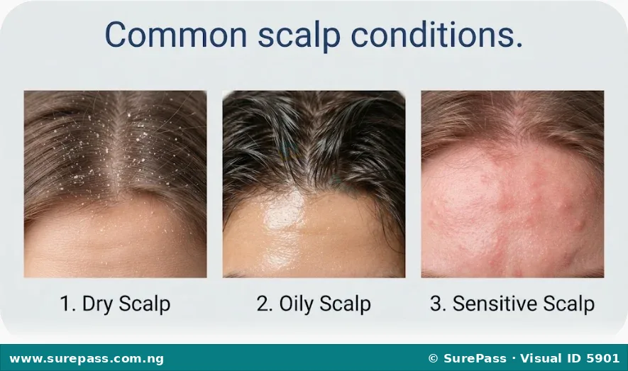 Three images showing different scalp conditions: dry scalp with flakes, oily scalp with grease, and sensitive scalp with redness.