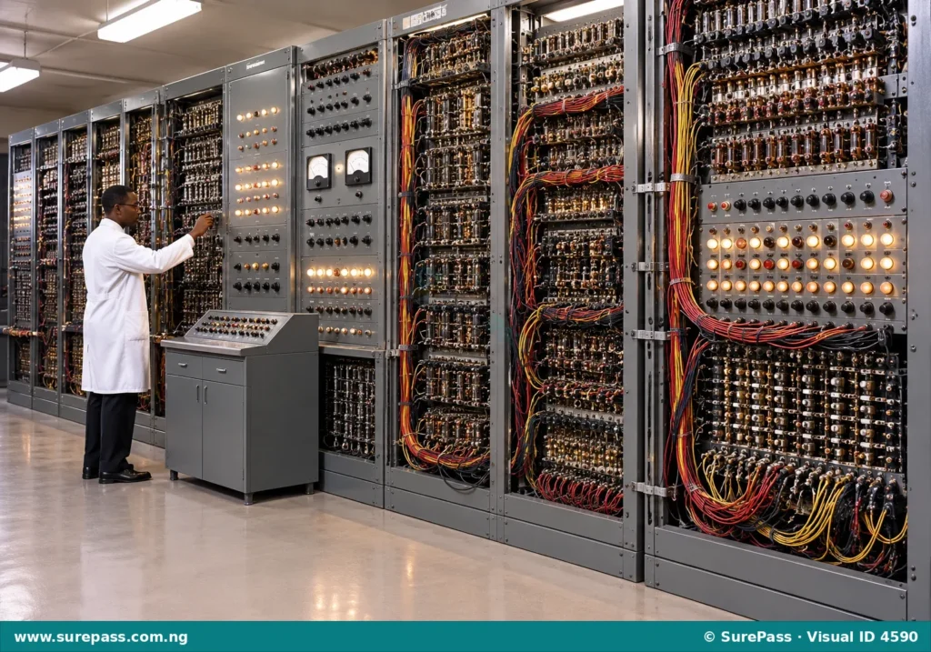A large, room-sized early electronic computer with many cabinets and wires.