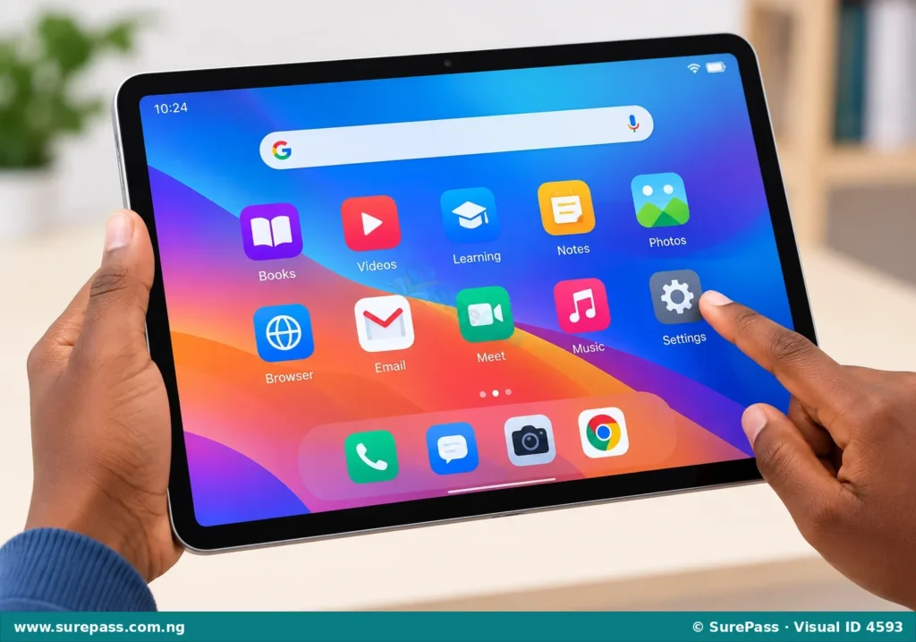 A modern tablet with a large touchscreen.