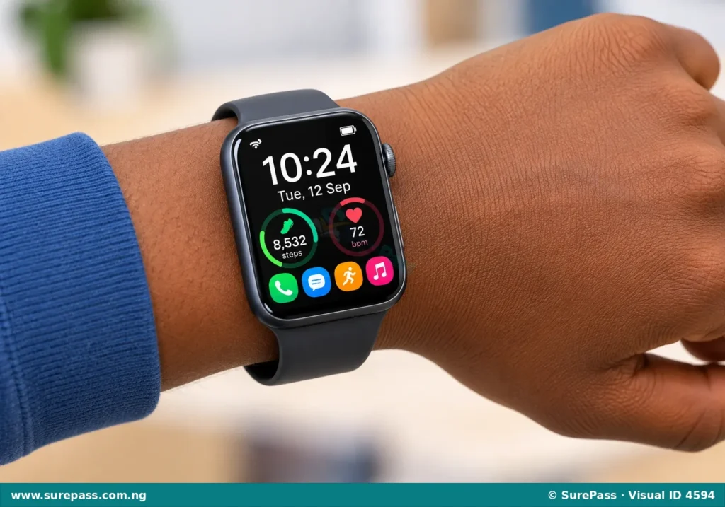 A smartwatch worn on a person's wrist.