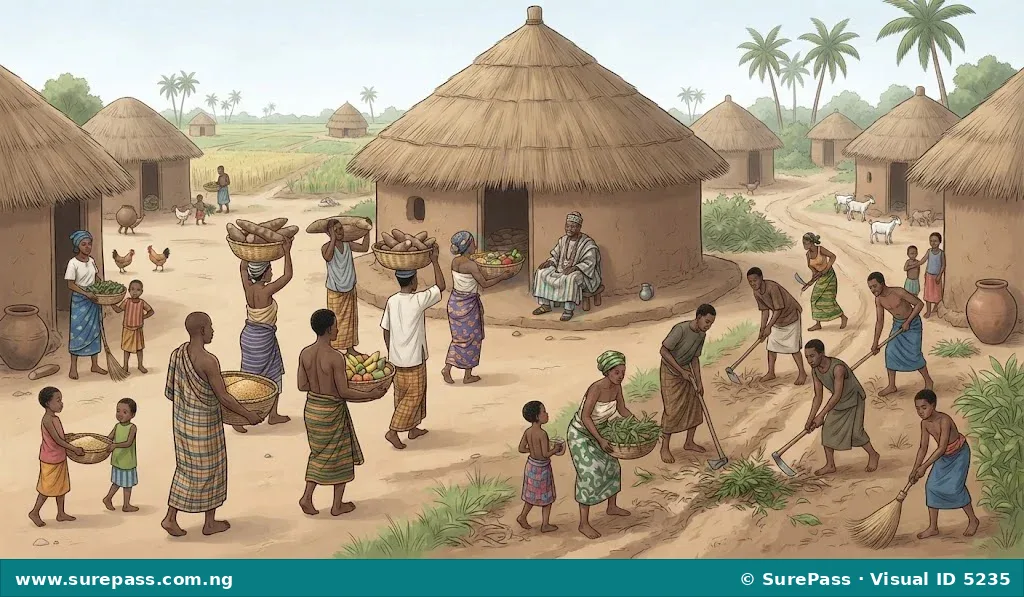 Illustration of pre-colonial Nigerian villagers bringing farm produce as tribute to a chief and participating in communal labour.
