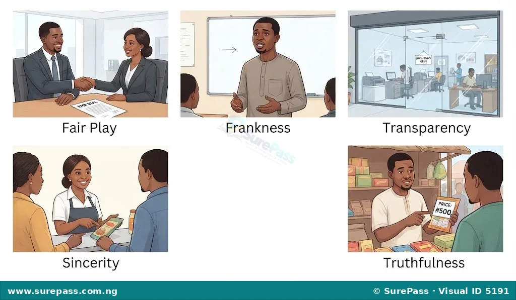 Illustrations showing fair play, frankness, transparency, sincerity, and truthfulness in business.
