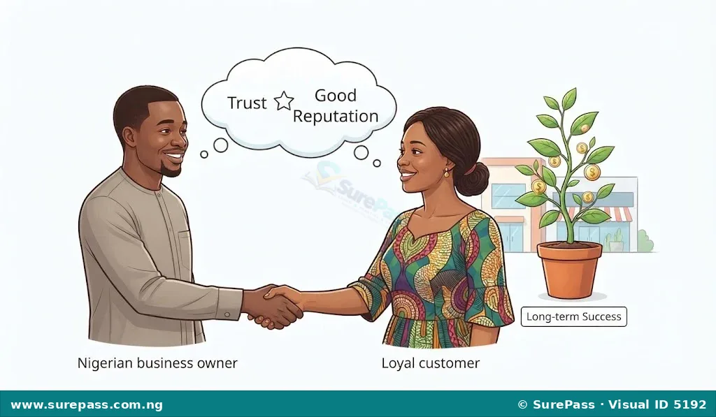 A business owner and customer shaking hands, representing trust and a good reputation, with a plant symbolising long-term success.