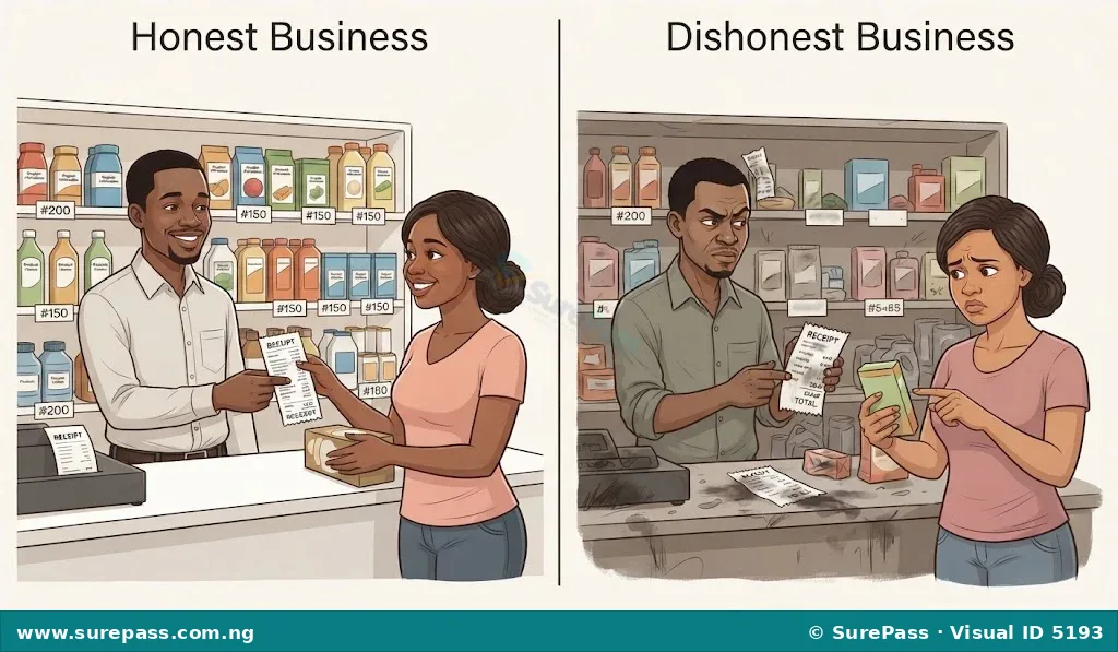 A comparison showing an honest business with clear prices and happy customers versus a dishonest business with hidden prices and confused customers.