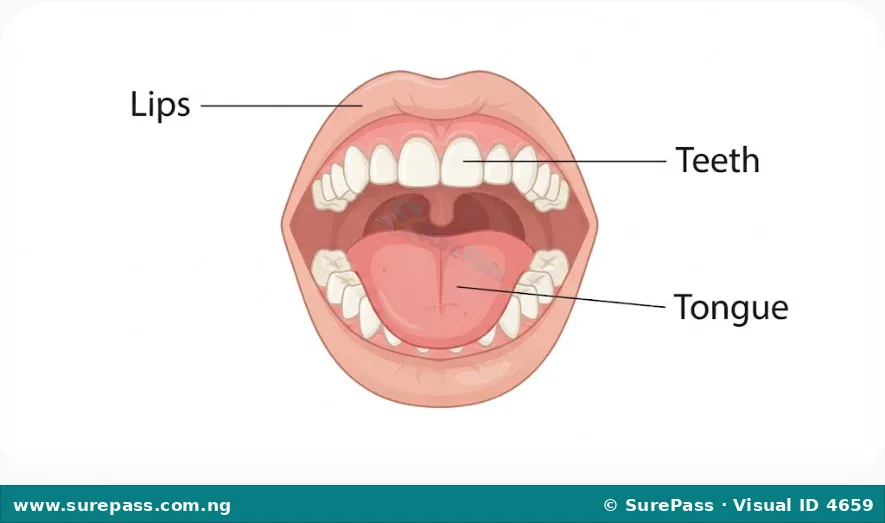 Diagram showing the parts of the human mouth, including lips, tongue, and teeth.