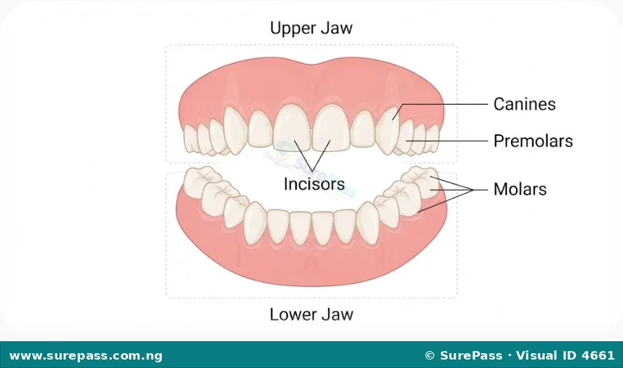 Diagram showing the types and arrangement of teeth in the human mouth, labelled Incisors, Canines, Premolars, and Molars.