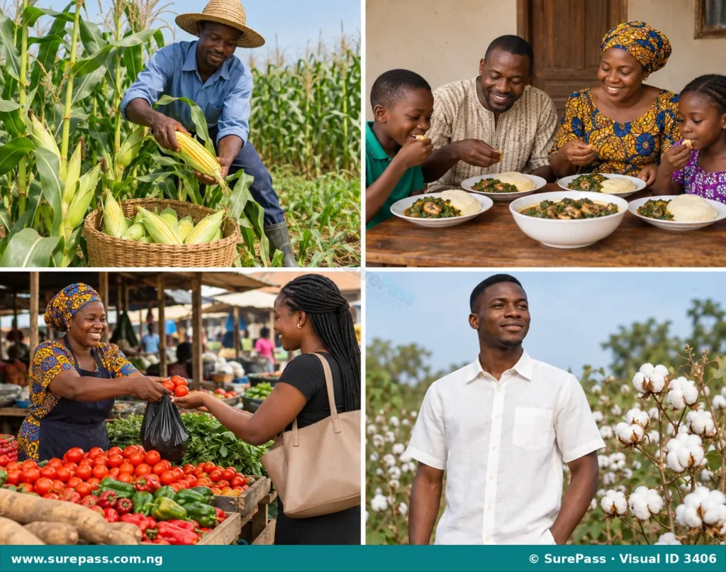 Illustration showing a farmer harvesting crops, a family eating, a market vendor selling produce, and a person wearing cotton clothes, representing agriculture's importance to individuals.
