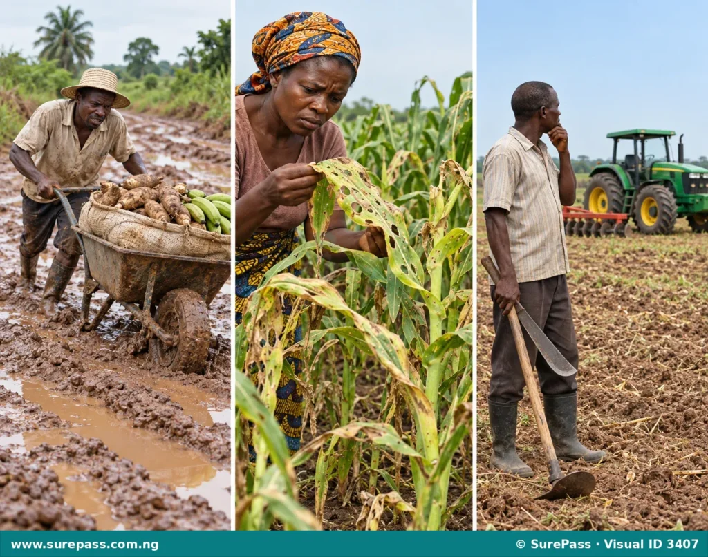 Illustration showing a farmer struggling on a bad road, a diseased crop, and a farmer with traditional tools, representing problems in Nigerian agriculture.