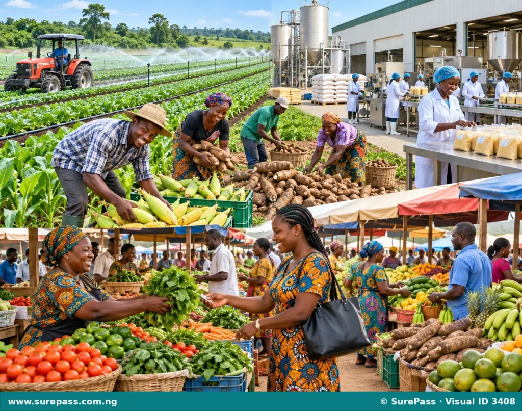 Illustration showing a modern farm, abundant harvest, a busy market, and an agro-processing factory, representing the bright prospects of agriculture in Nigeria.