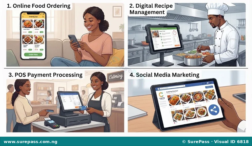 Illustration showing various ICT uses in catering, including online ordering, digital recipe management, POS system use, and social media marketing.