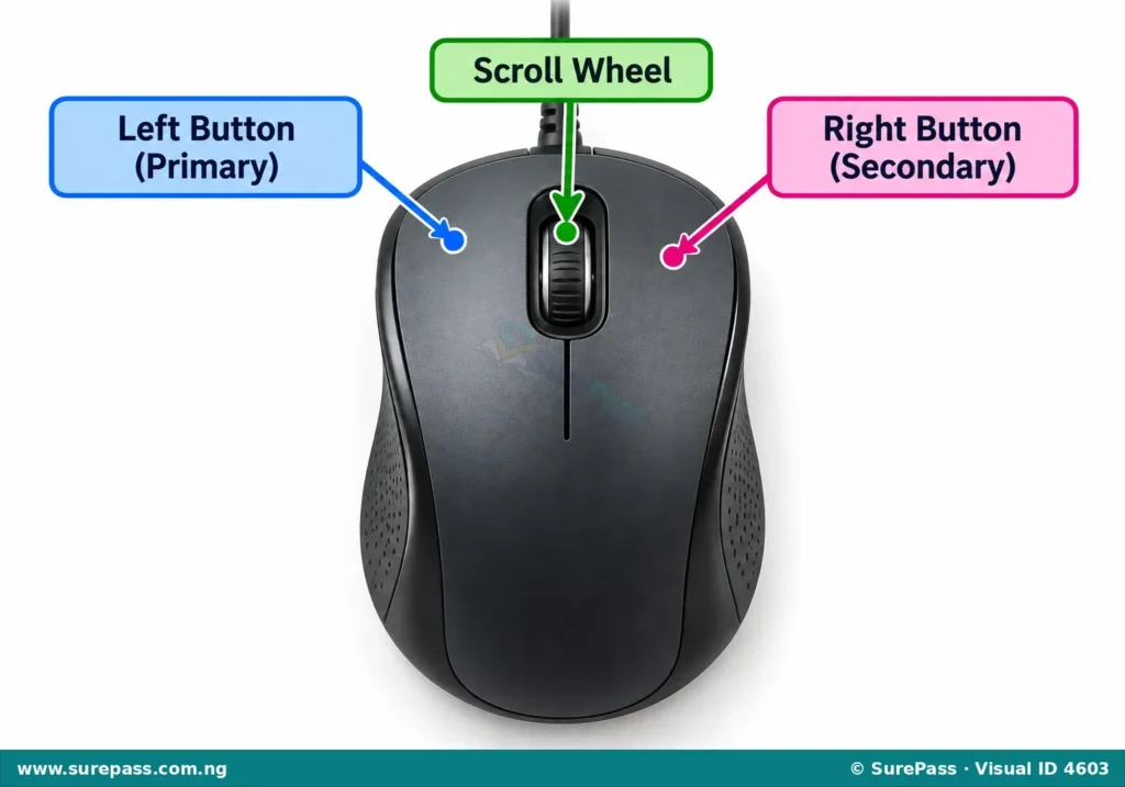 A computer mouse showing its left button, right button, and scroll wheel, with labels for each.