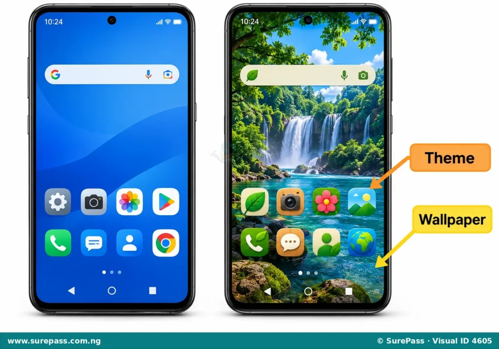 Two mobile phone screens. One shows a basic theme, the other shows a customised theme with a nature wallpaper and custom icons.