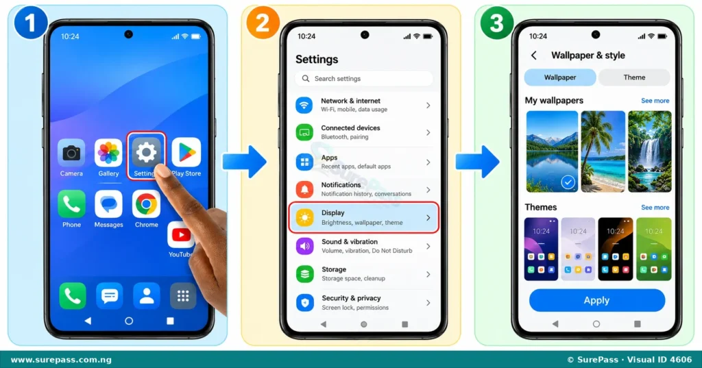 A three-step visual guide showing how to change phone settings. First, tap the Settings icon. Second, select Display. Third, choose a theme or wallpaper and apply it.