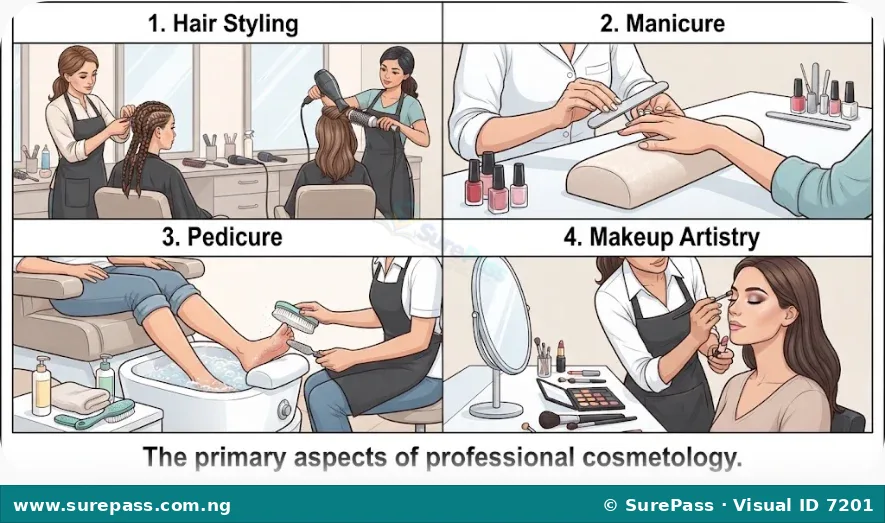 Chart showing the four main aspects of cosmetology: hair styling, manicure, pedicure, and makeup artistry.