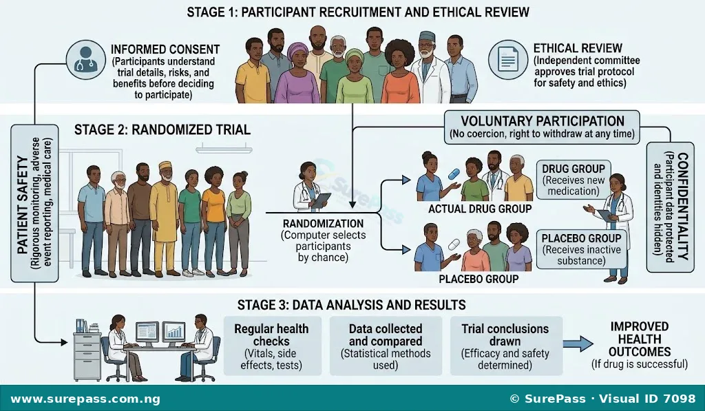 A diagram showing a drug trial with diverse participants, some receiving medication and others a placebo. Labels highlight 'Informed Consent', 'Patient Safety', and 'Confidentiality' as ethical principles.