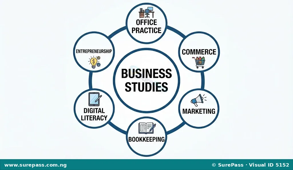 Diagram showing the interconnected components of Business Studies: Office Practice, Commerce, Marketing, Bookkeeping, Digital Literacy, and Entrepreneurship.