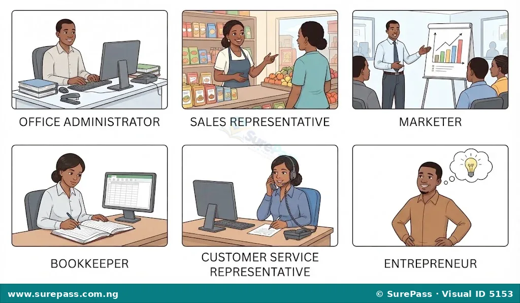 Illustrations of various career opportunities in Business Studies, including an office administrator, sales representative, marketer, bookkeeper, customer service representative, and entrepreneur.