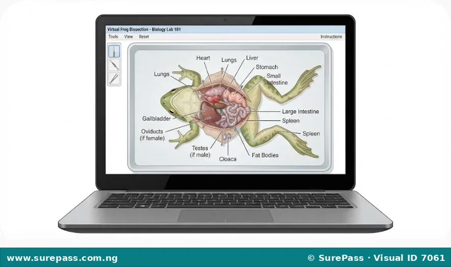 A computer screen showing a virtual biology lab with a simulated frog dissection, displaying internal organs and digital dissection tools.