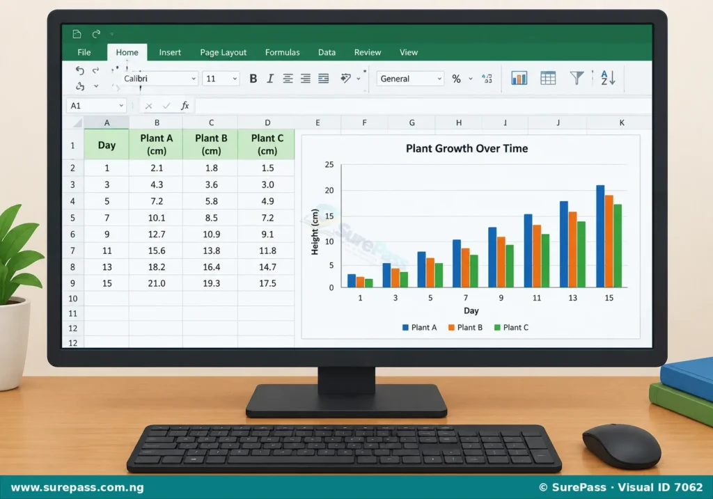 A computer screen displaying a spreadsheet with biological data and a graph showing trends, representing data analysis tools.